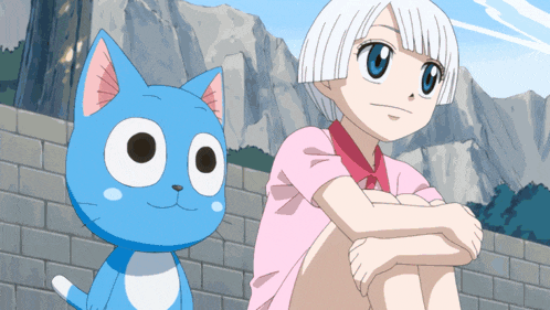 a girl sits next to a blue cat with a mountain in the background