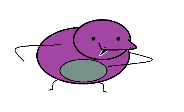 a cartoon drawing of a purple bird with a green circle on its chest