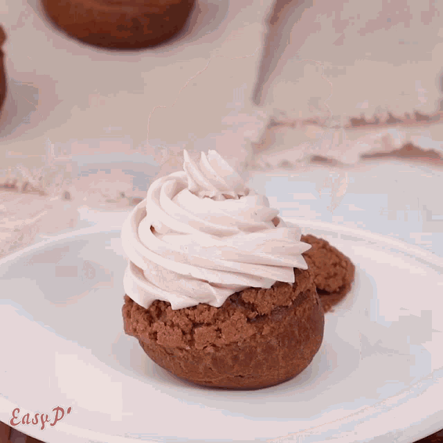 a cupcake with pink frosting is on a white plate with easy plr written on the bottom
