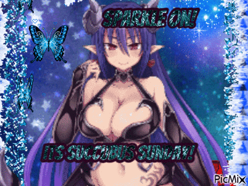 a picture of a girl with purple hair and the words sparkle on