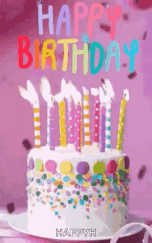 a birthday cake with candles and sprinkles is on a plate on a table .