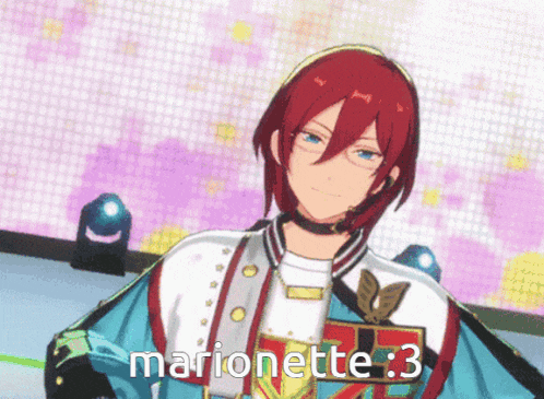 a man with red hair is wearing a blue jacket with the words marionette : 3 written on it