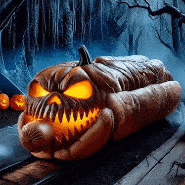 a carved pumpkin with a glowing face and teeth