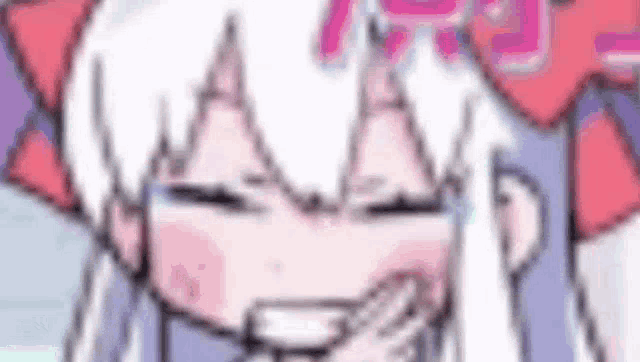 a pixel art of a girl with white hair and a pink bow covering her mouth .