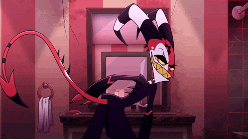 a cartoon character with a long red tail is standing in a bathroom