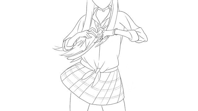 a black and white drawing of a girl in a plaid skirt making a heart with her hands .