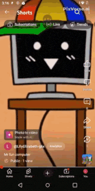 a screenshot of the pixverse app shows a cartoon character standing in front of a computer monitor