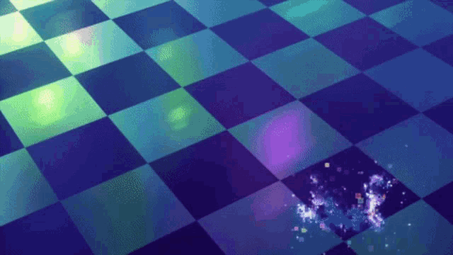 a blue and purple checkered floor with a few sparkles on it