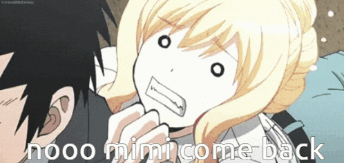 a cartoon of a girl and a boy with the words nooo mimi come back on the bottom