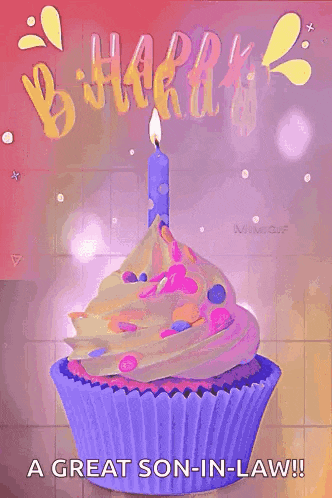 a birthday card for a great son-in-law with a purple cupcake with a candle on top .