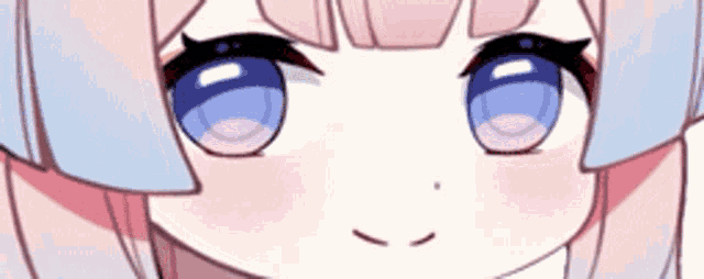 a close up of a anime girl 's face with pink hair and blue eyes
