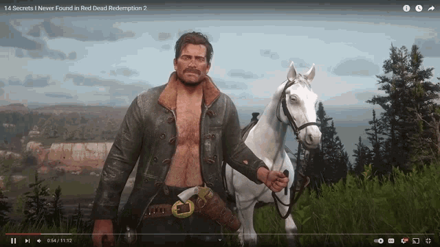 a man without a shirt is standing next to a white horse in a video game called red dead redemption