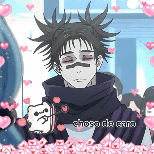 a drawing of a man with hearts around him and the words choso de caro on the bottom