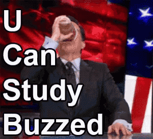 a man in a suit and tie drinking from a bottle with the words " u can study buzzed " behind him
