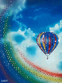 a painting of a colorful hot air balloon with the name lola31 on the bottom right