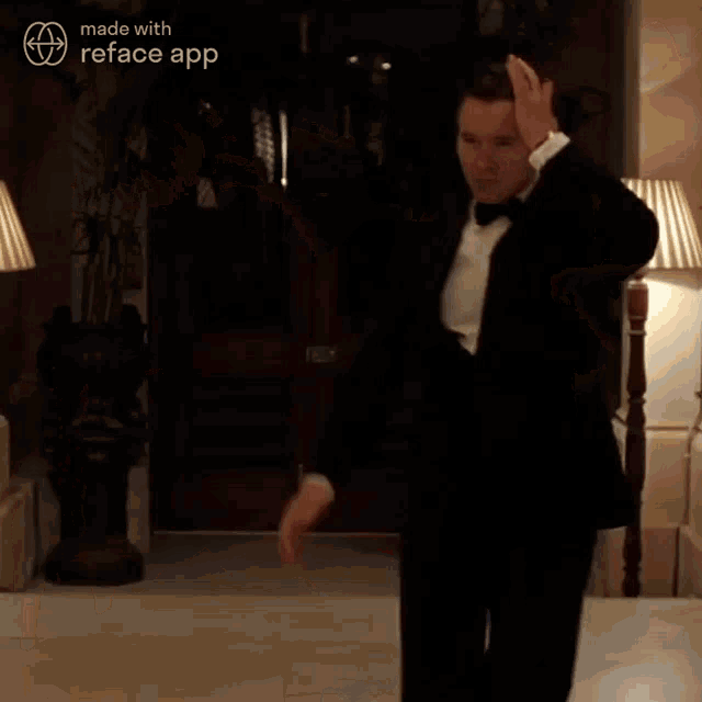 a group of men in tuxedos and bow ties are standing in a room with the words made with reface app below them