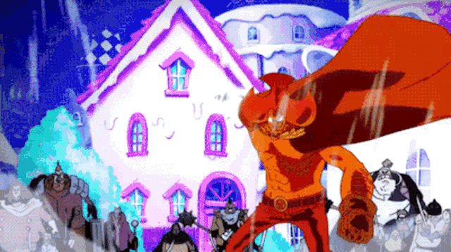 a cartoon of a man with a cape standing in front of a house