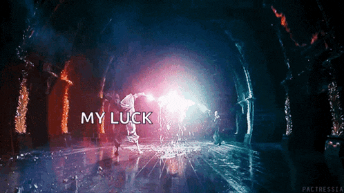 a scene from harry potter with the words " my luck " in the foreground