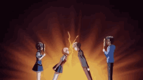 a group of anime characters are standing next to each other in front of a fireball .