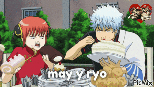 a cartoon of a man and a woman eating cake with the words may y ryo in white letters
