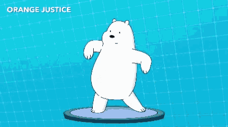 ice bear from we bare bears is standing on a blue circle on a blue background .