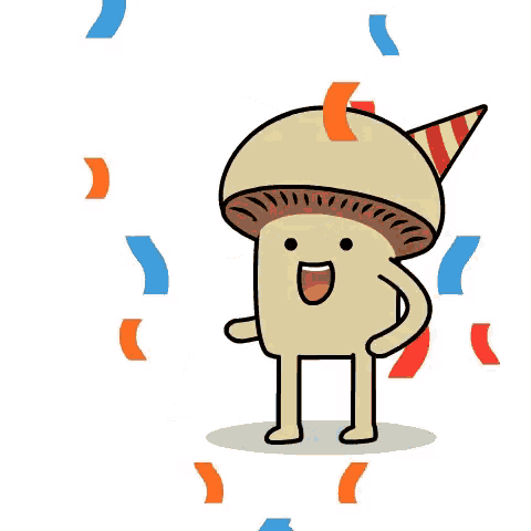 a cartoon drawing of a mushroom wearing a party hat and surrounded by confetti