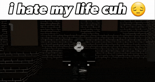 a cartoon character is standing in front of a brick wall with the words " i hate my life cuh " above him