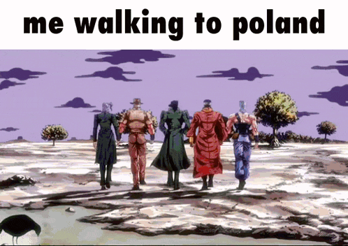 a group of people walking in a desert with the words me walking to poland on the bottom