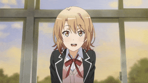 a girl in a school uniform stands in front of a window with her mouth open