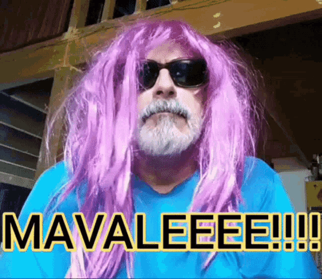 a man in a pink wig and sunglasses says mavaleee