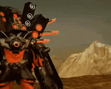 a robot is standing in front of a mountain in a desert