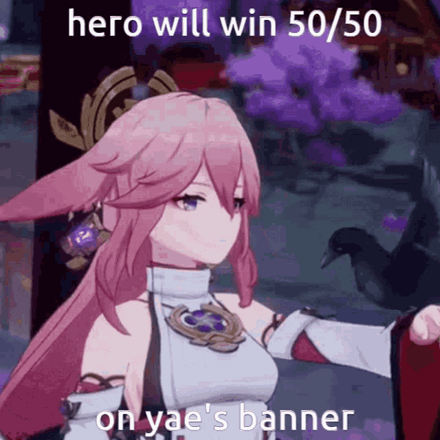 a girl with pink hair is holding a bird and a banner that says hero will win 50/50 on yae 's banner .