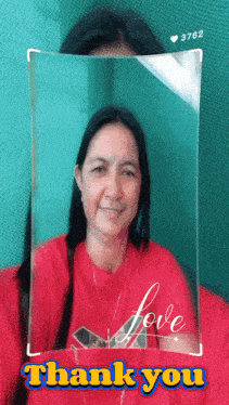 a picture of a woman in a red shirt with the words thank you below it