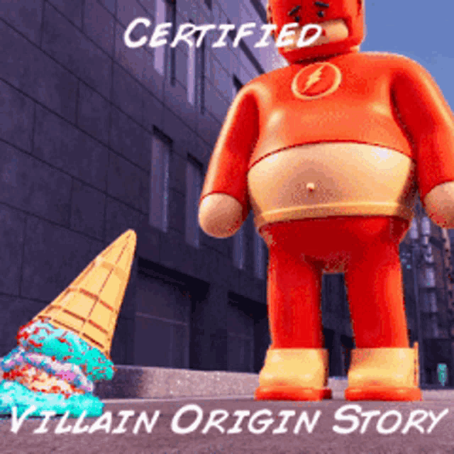 a certified villain origin story poster shows a cartoon character standing next to an ice cream cone