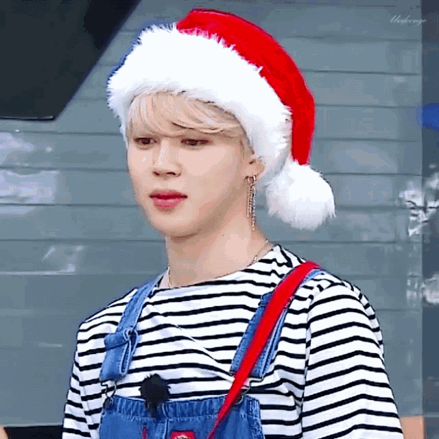 a person wearing a santa hat and overalls