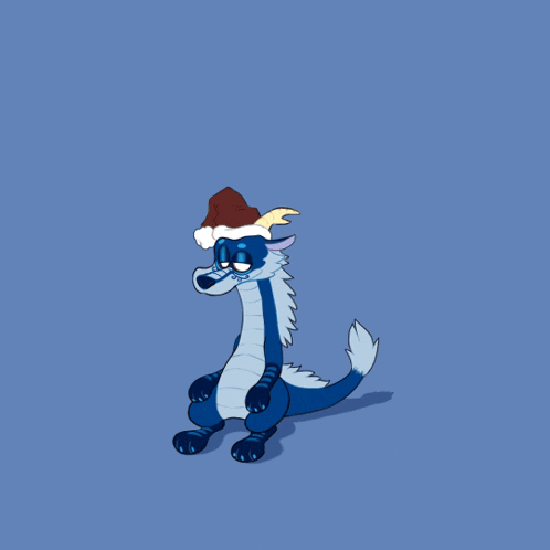 a blue dragon wearing a santa hat is sitting down