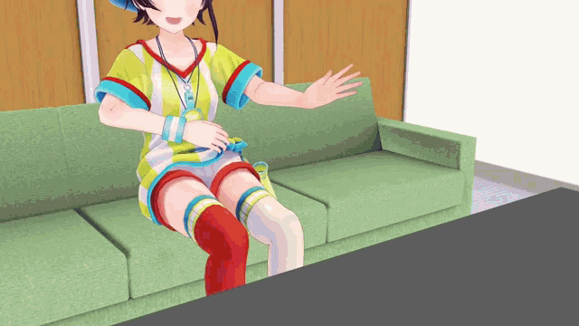 a cartoon girl is sitting on a green couch with her legs crossed