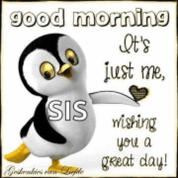 a picture of a penguin that says good morning sis wishing you a great day