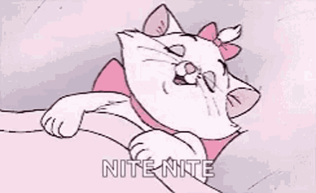 a cartoon cat with a pink bow on its head is yawning and saying `` nite nite '' .