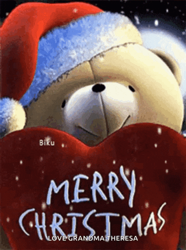 a teddy bear wearing a santa hat is holding a red heart with the words merry christmas written on it