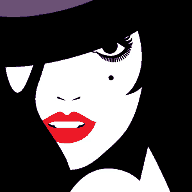 a woman wearing a purple hat with red lips