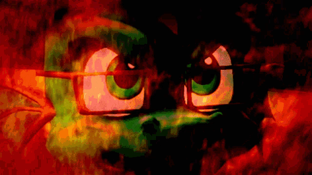 a close up of a cartoon character 's eyes with glasses