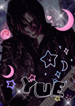 a picture of a man playing a guitar with the name yue written on it