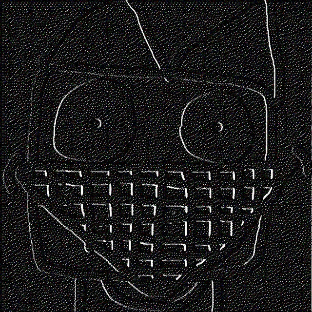 a pixelated image of a cartoon character with braces