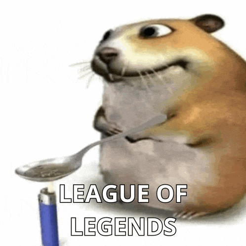 a hamster is holding a spoon in its mouth with the words `` league of legends '' written on it .