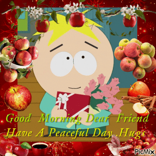 a picture of butters from south park holding a gift box with apples in the background