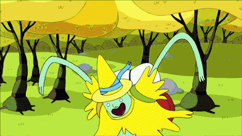 a cartoon character is standing in a forest with trees and grass