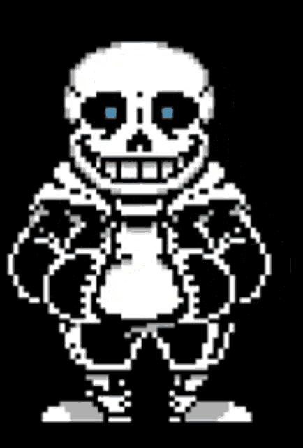 a pixel art drawing of sans from undertale with blue eyes and a black background .