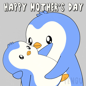 a happy mother 's day card with two penguins holding a baby penguin