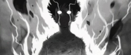 a black and white drawing of a person with glowing eyes standing in the dark .